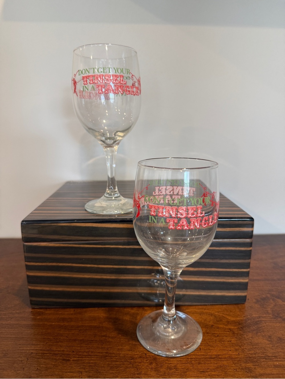 Festive Tinsel Wine Glass - Clear Glass with Red & Green Print